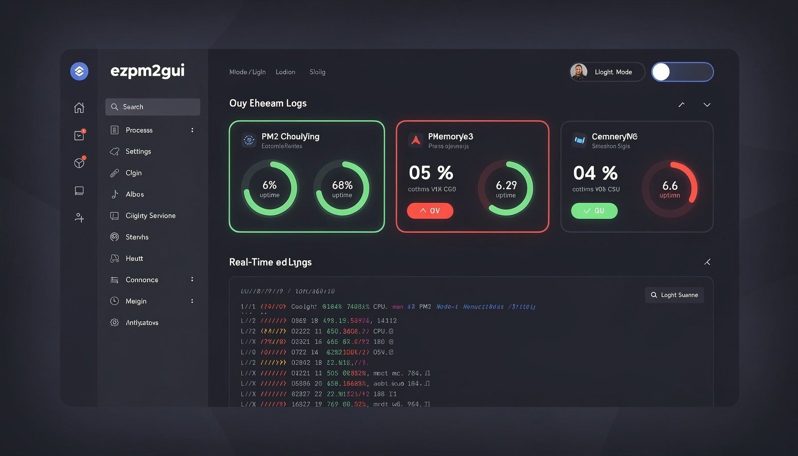 ezpm2gui v1.4.0 — Tailwind UI Revamp for PM2 process manager web interface with dark/light mode support